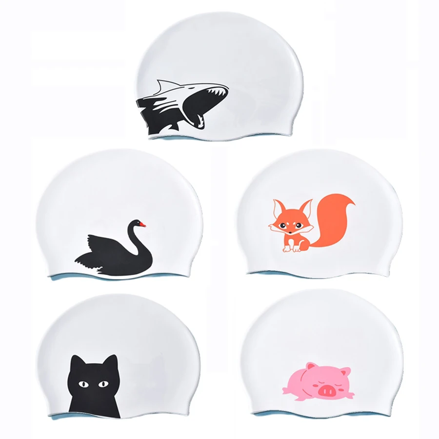 Silicone Swimming Cap Cute Animal Print Cartoon Swim Pool Water Sports Waterproof Caps for Men Women Boys Girls Adults Children