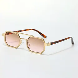 Chic Dual - Tone Square Metal Sunglasses with Gradient Blue Lenses (Tea pink)