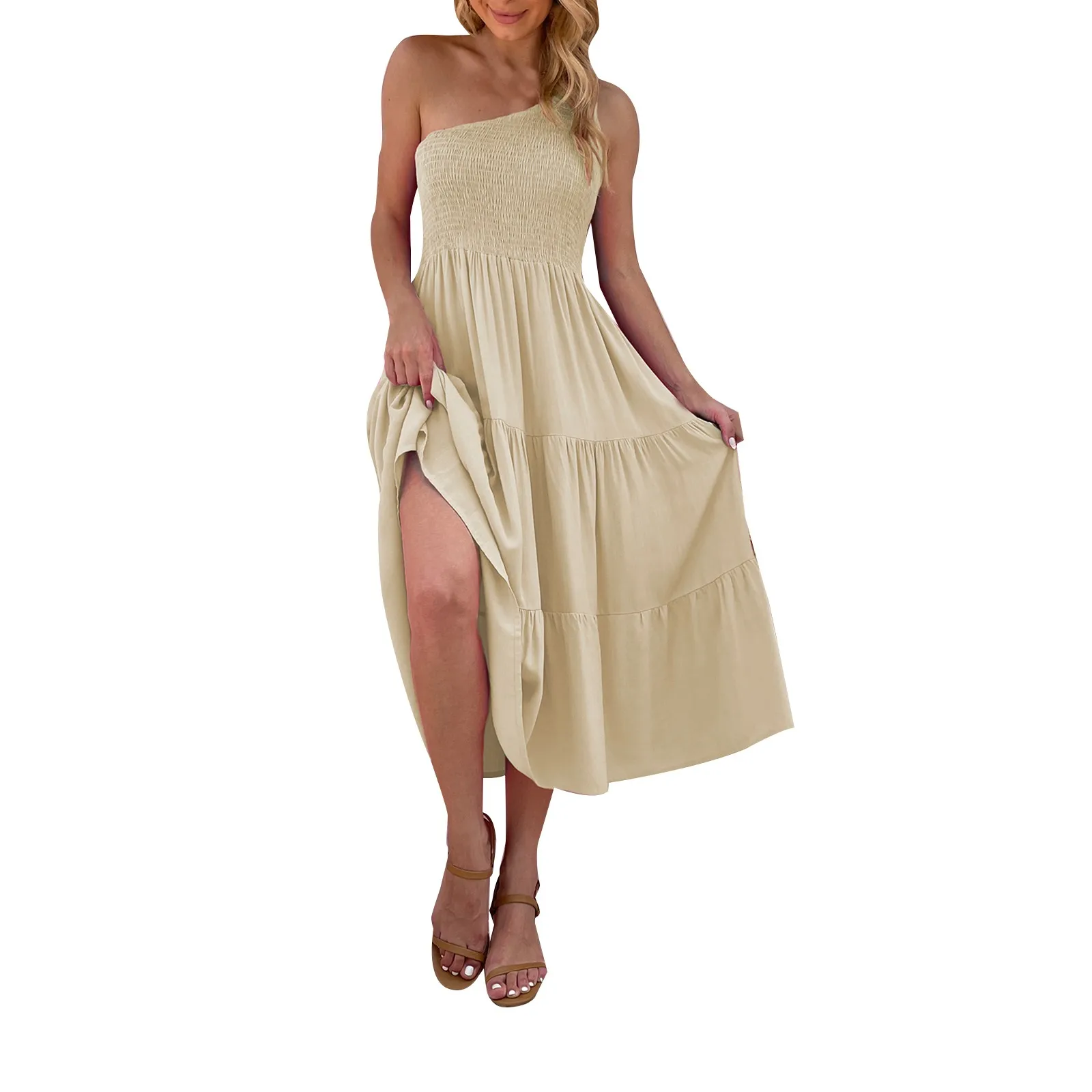 

Women Summer Boho Dresses One Shoulder Sleeveless Smocked Ruffle Tiered Beach Long Maxi Sundresses Solid Color Party Dress