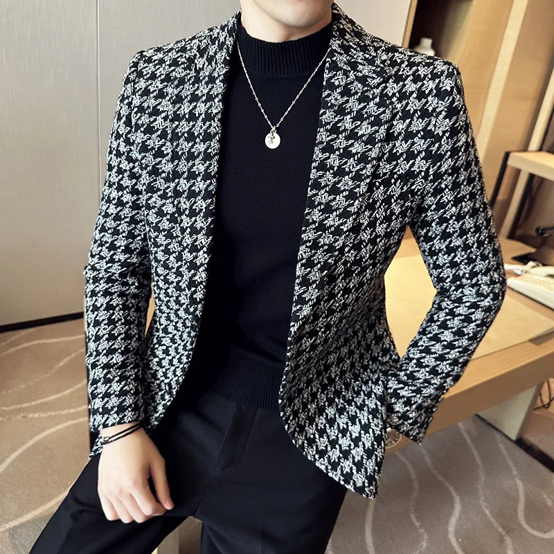 Men Blazer 2023 Autumn Winter Thick Plaid Suit Jackets/Slim