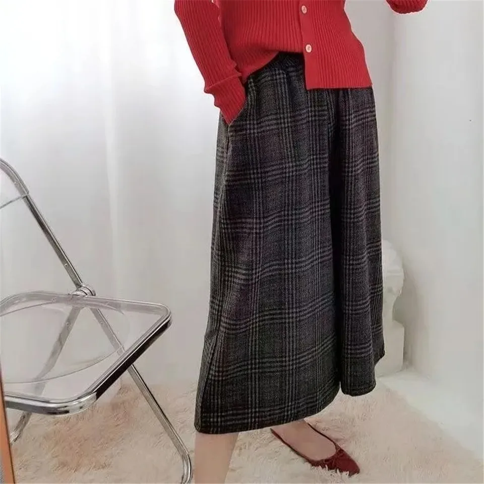 Generico Pantaloni Larghi Donna Inverno A Quadri in Lana Mista Pantaloni Casual Morbidi A Tre Quarti E con Stile Elegante Trousers Caldi E Comodi per Donna(Dark Gray, S