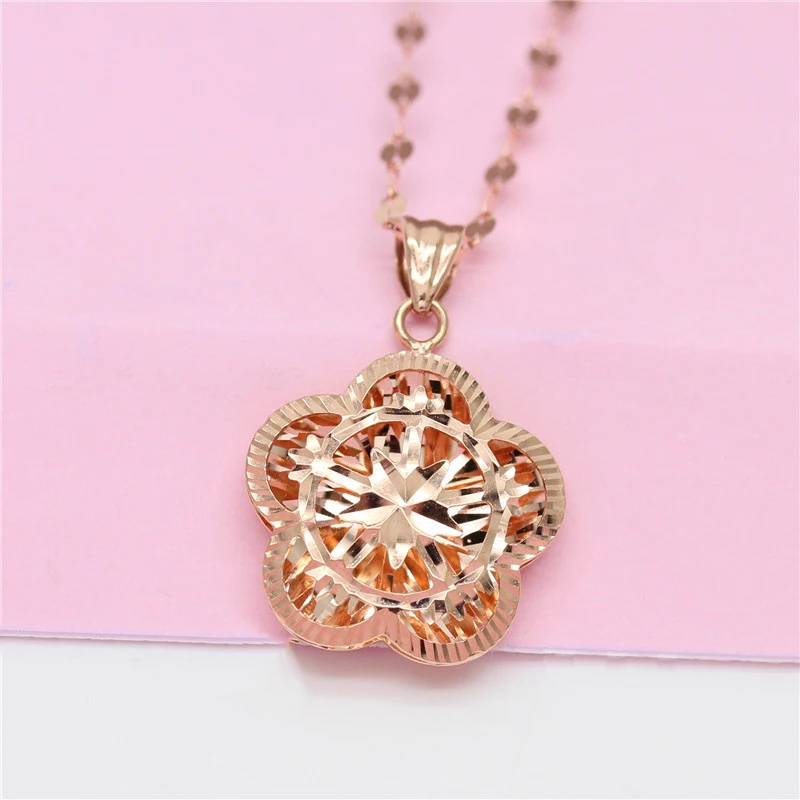 

585 Purple Gold Elegant Hollow Flower Pendant Necklaces for Women 14K Rose Gold Chains Fresh Art Light Luxury Wedding Jewelry