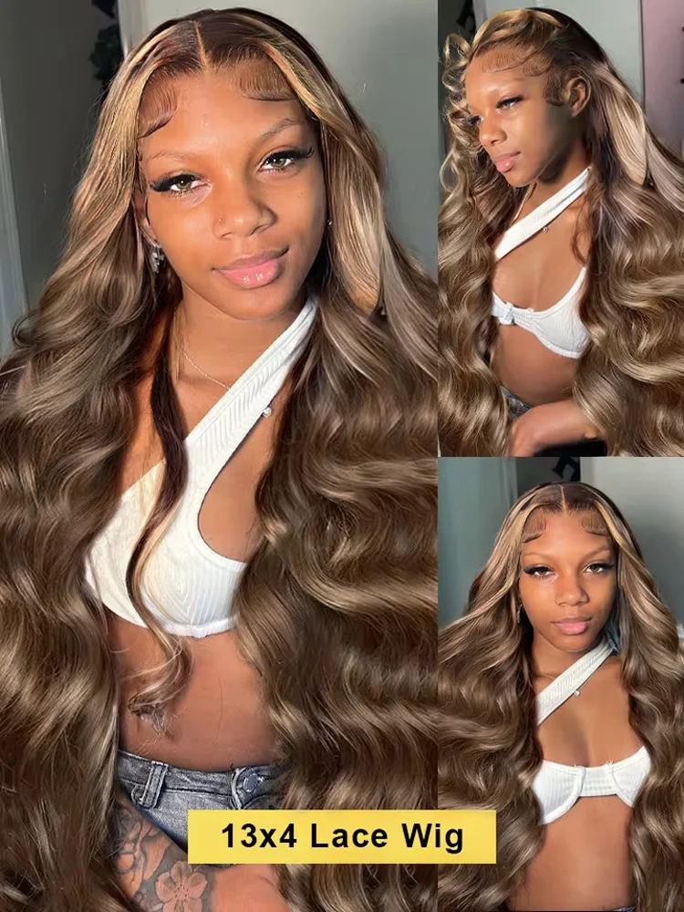 4/27 Highlight Brown Body Wave 13x4 Colored Lace Front Human Hair Wigs Glueless 13x6 Ombre Blonde HD Lace Frontal Wig For Women