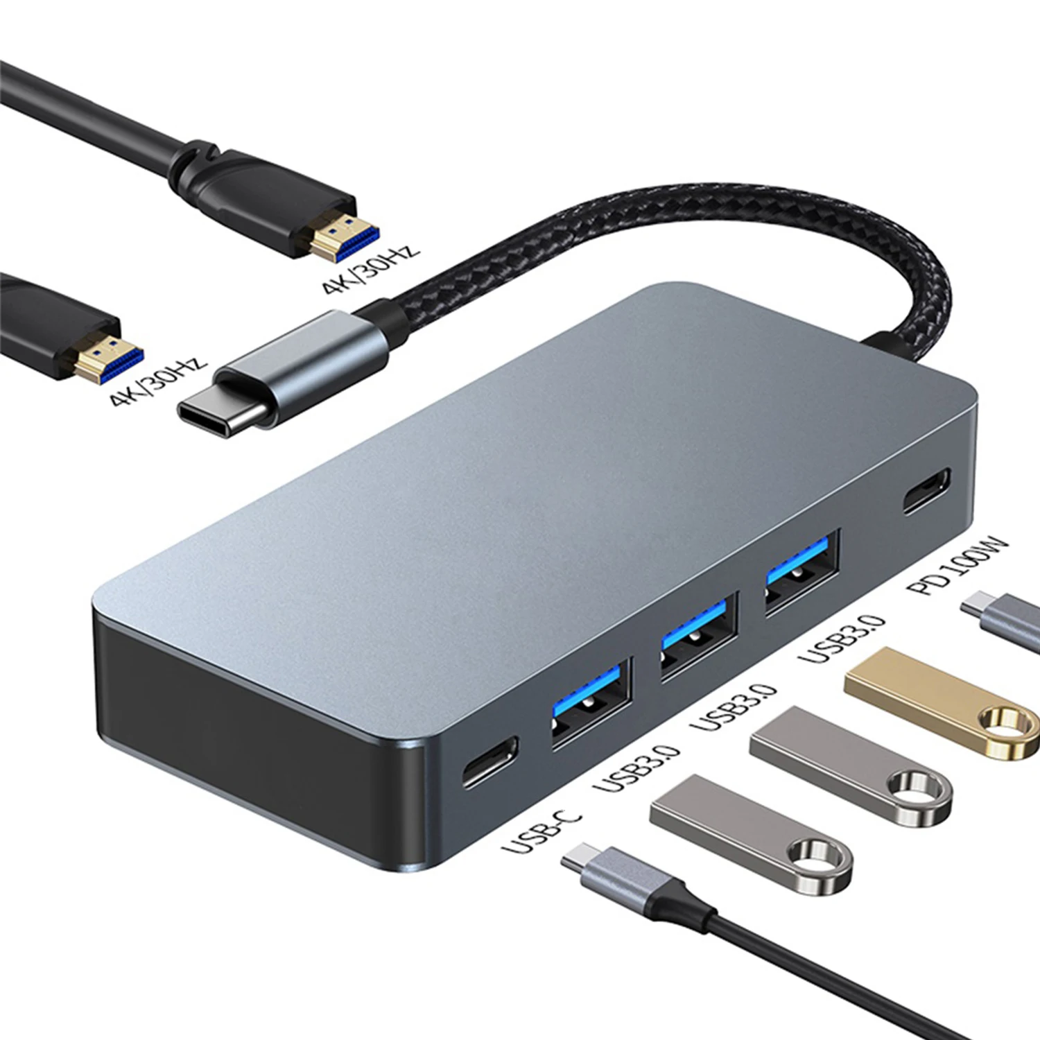 

USB C to Dual HDMI Docking Station, USB C Multi port Adapter with Dual HDMI（ 4K@30Hz ）100W PD, USB C data, 3 USB 3.0, 7 in 1 Hub