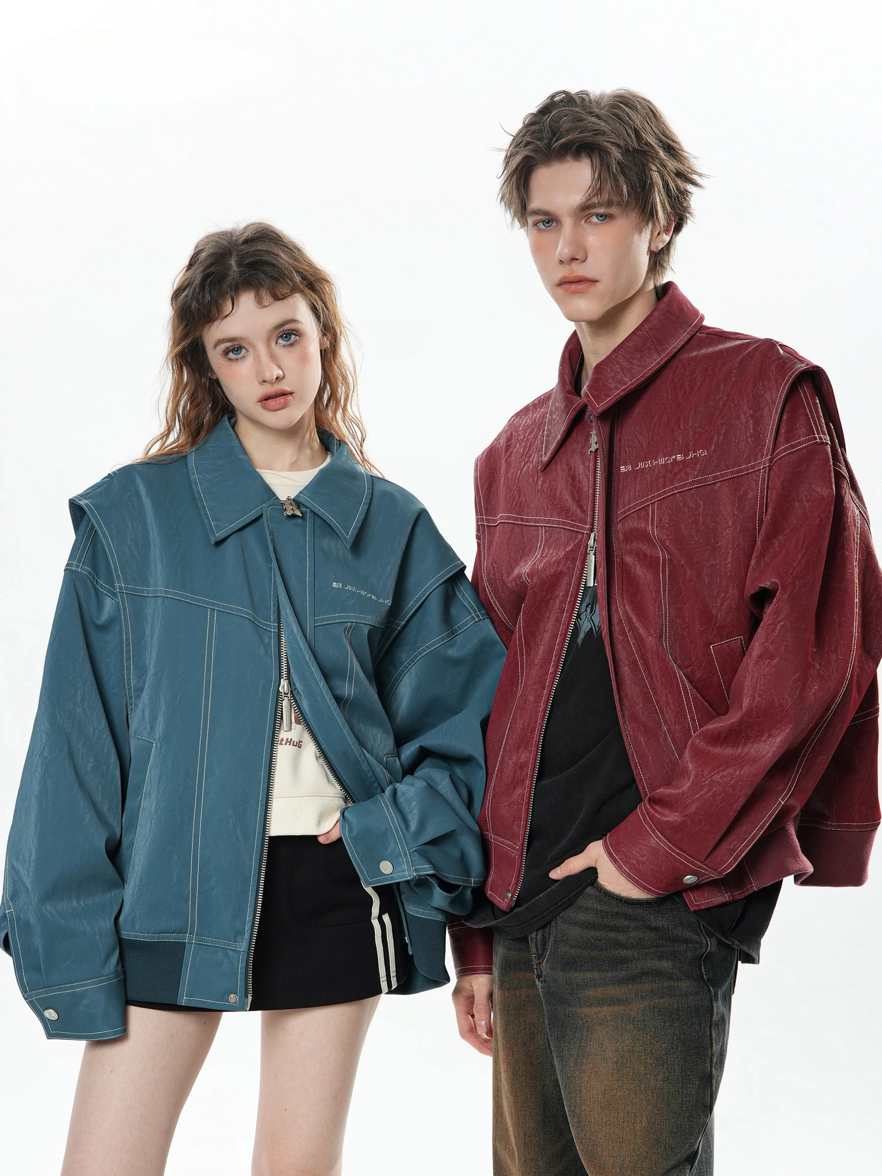 

Jacket Couple's Solid Color Spring Autumn American Retro Padded Shoulder Lapel Washed Pu Leather Side Seam Loose Short Fashion