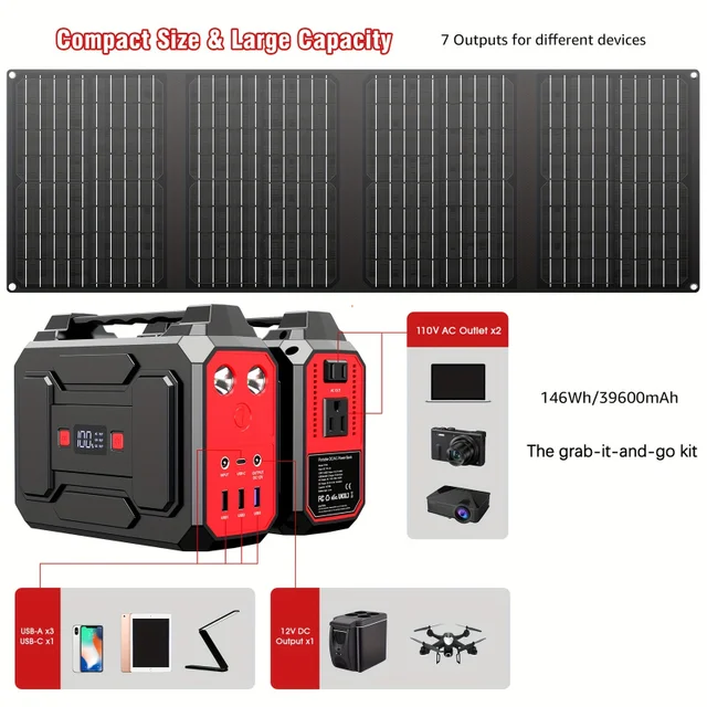 100W 146Wh Portable Power Station With 40W Foldable Solar Panel Charger 5