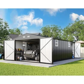 Spacieux hangar extérieur en métal de 13,2 x 21 x 8 pieds avec portes à double charnière et 4 fenêtres, idéal pour les voitures, les camions et les vélos 1