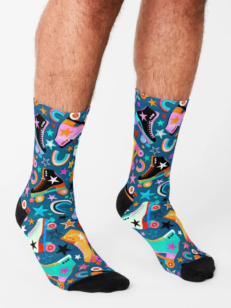 Retro Rainbow Roller Skates and Stars Socks christmas stocking Running socks Woman Socks Men's