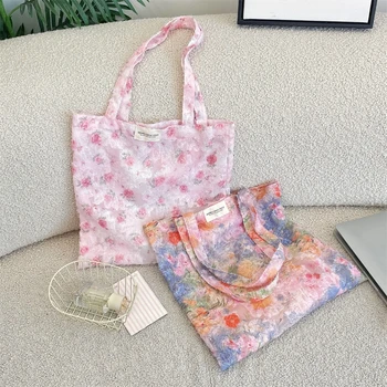 Borsa tote coreana elegante con fiori per donna, borsa a tracolla casual di grande capacità, borsa alla moda, borsa da scuola per studenti