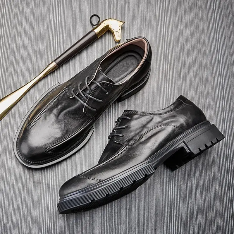 Men Side Zip Leather Boots High-top Thick Sole Shoes British Style Lace-up Comfortable Leisure Non-slip Footwear Bota Masculina