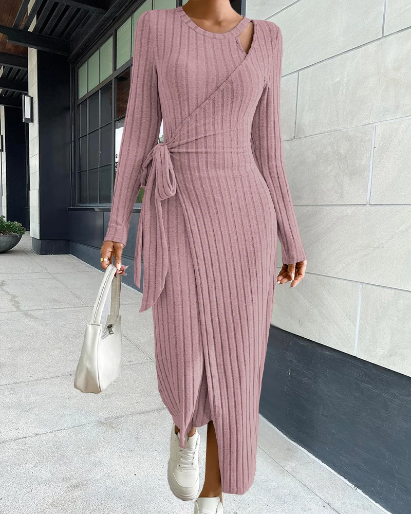 

Women Ribbed Tied Detail Wrap Casual Dress 2023 Autumn Winter V Neck Long Sleeve Midi Bodycon Dress High Split Sexy Solid Dress