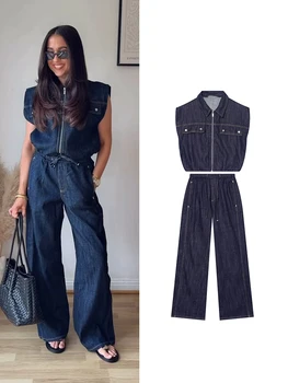 TFMLN Fashion Ladies High Street Denim Trouser Set Lapel Sleeveless Vest Zipper Coat Elastic Waist Wide Leg Pants Chic Sets 1