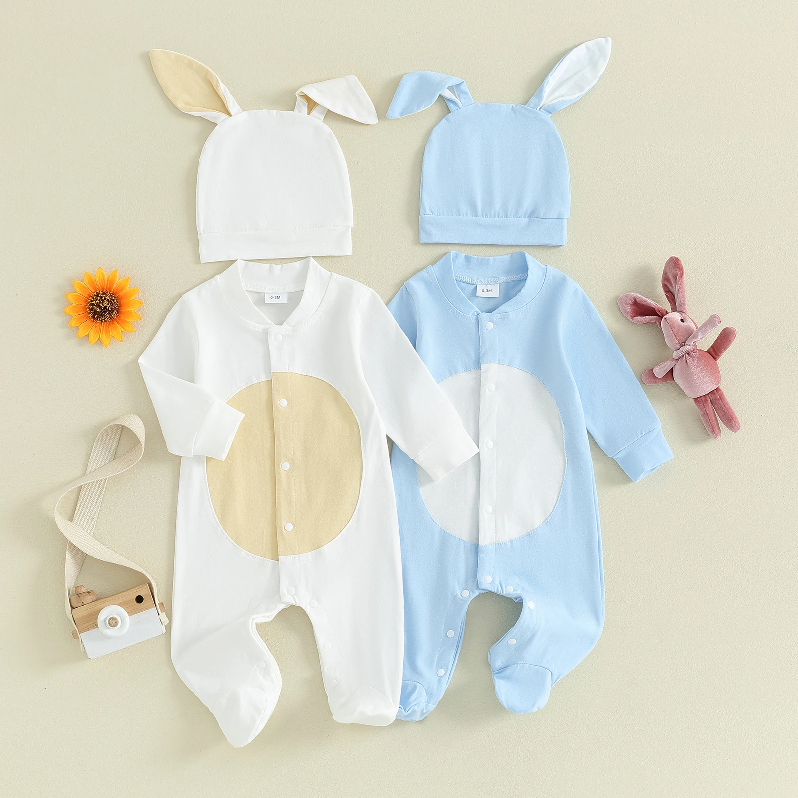 Pudcoco Newborn Baby Girl Boy 2Pcs Easter Outfits Long Sleeve Snap Up Footed Jumpsuit with Hat Set Infant Clothes 0-18M