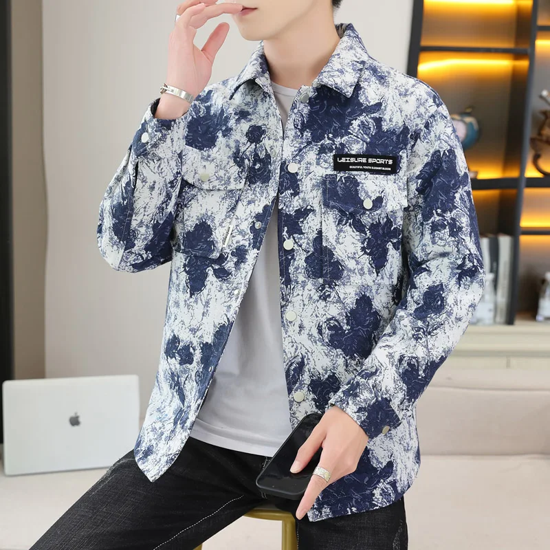 

2024 Men Flower Jacquard Weave Jacket Fashion Loose Letters Print Coat Streetwear Full Sleeve Top Outerwear