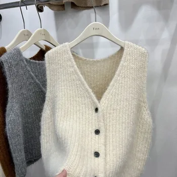 2025 Autumn Winter V Neck Single Button Vest Grey Loose Knit Cardigan Women Fashion Thick Wool Guangzhou Story Niche Sweater