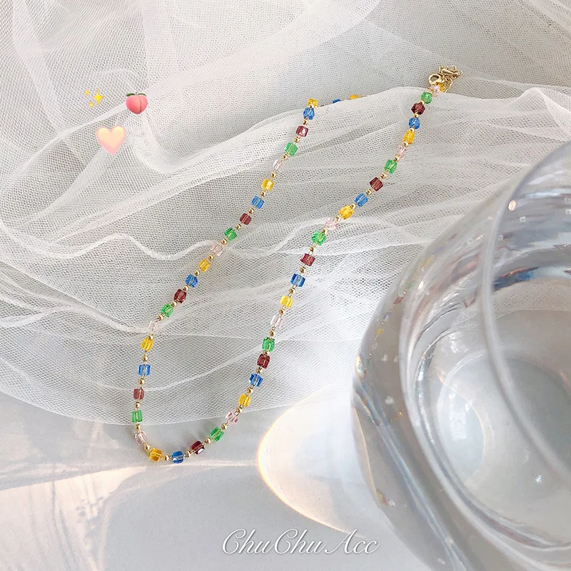 Delicate Crystal Necklace Bohemian Colorful Bead Chain Choker Necklace for Women Elegant Clavicle Chain Wendding Party Jewelry