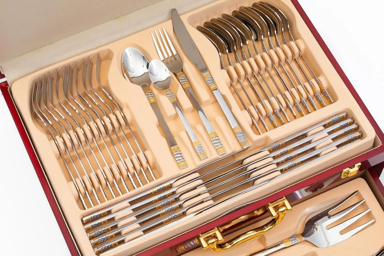 18/10 Flatware Service for 12-75 Piece Stainless Steel Set Polished Cutlery with Gold Accents 3 Piece Hostess Serving Ensemble