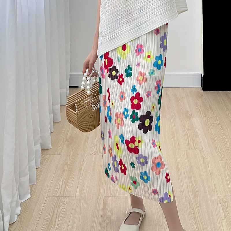 

Women's Elastic Waist Flower Print Pleated Mid length Half Skirt Korean Version Holiday Style Straight Sleeve Wrap Hip Skirt