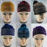 Middle Eastern Muslim Women's Velvet Headscarf Hat Fashionable Rhinestone Hair Care Hat Arabic Pullover Care Hat 1