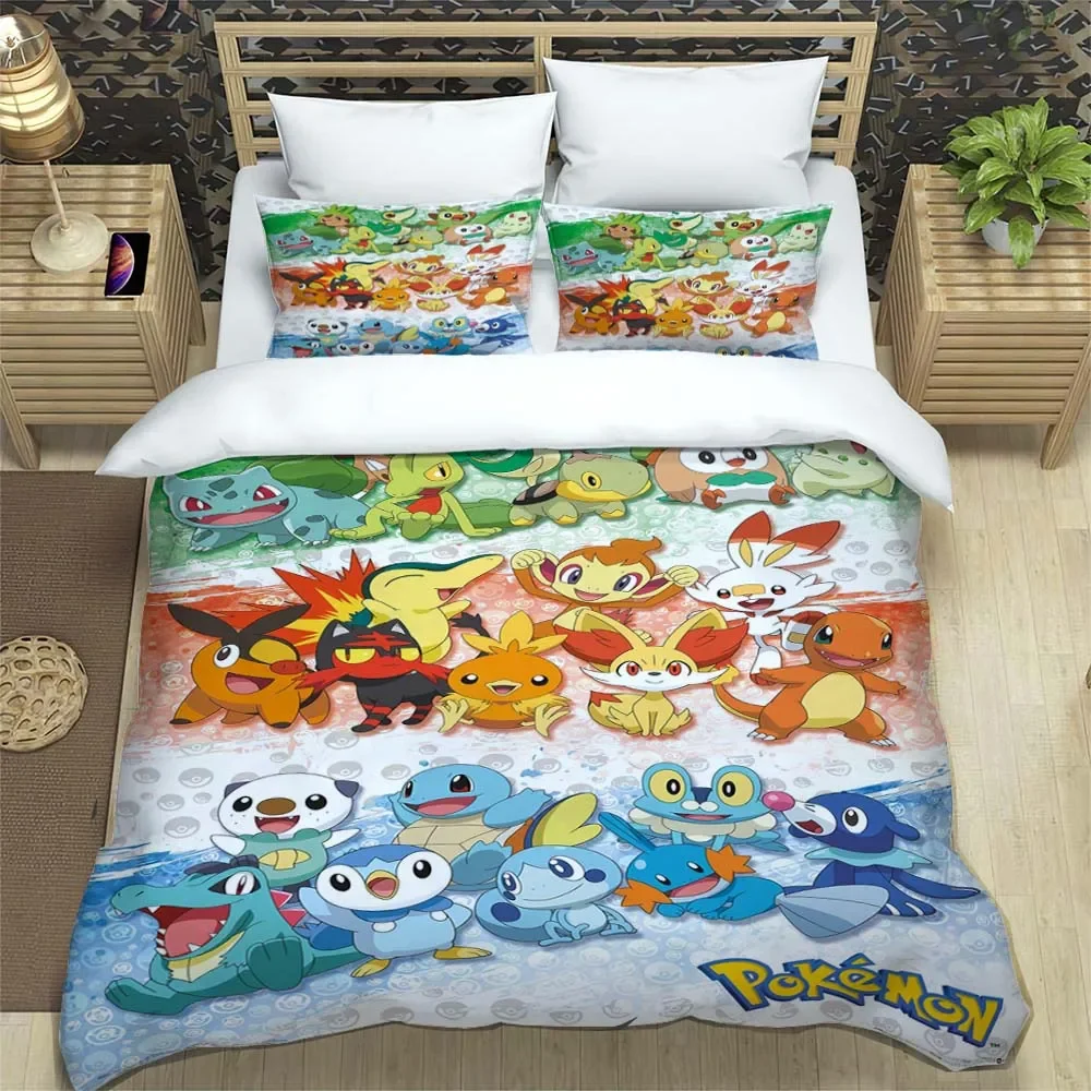 Funda de edredón con estampado de Pokémon de anime japonés y fundas de almohada, juego de cama con impresión digital 3D de microfibra, tamaño doble, tamaño Queen y King