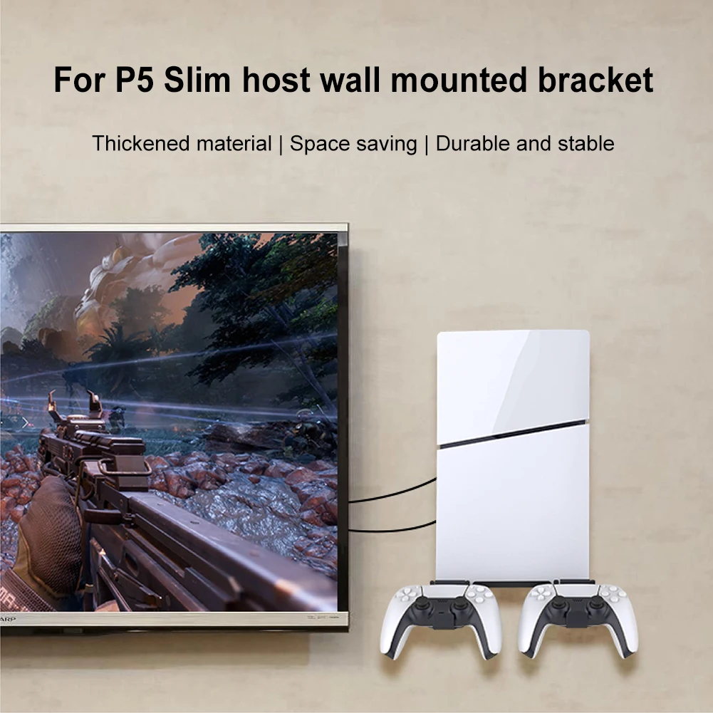Wall Mount Bracket Game Console Base Stand Holder with 2 Controller Mounts Vertical Stand Wall Hanging Stand for PS5 Slim