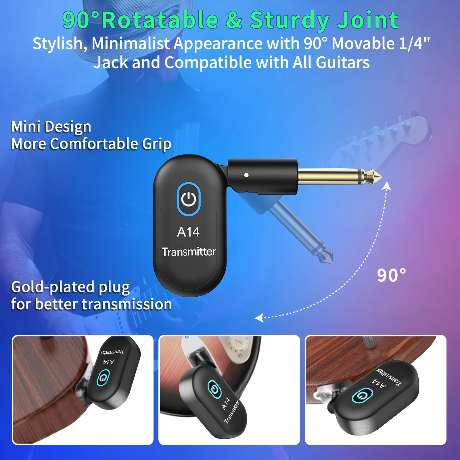 2.4GHz Wireless Guitar System Rechargeable Audio Wireless Transmitter Receiver 90&deg;Rotatable for Guitar Bass Electric Instruments wireless guitar system