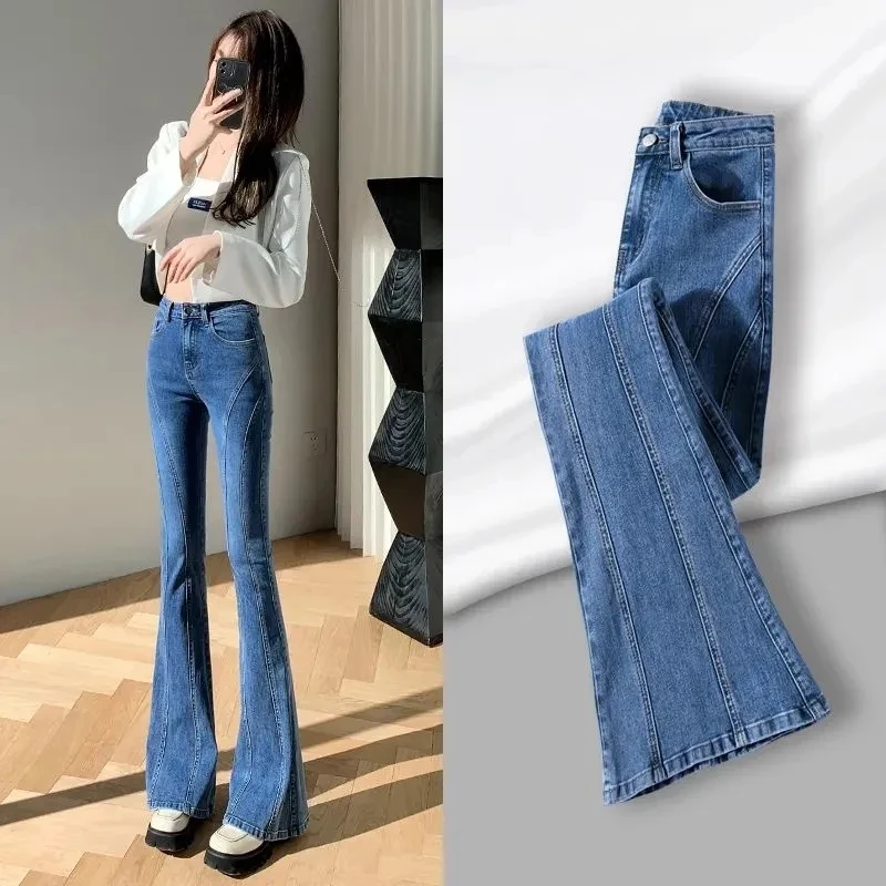 Slim Vintage Flare Jeans Blue Women's Jean Skinny Pants New Stretch Bell-Bottoms Vaqueros American Design Denim Leggings 94-98cm