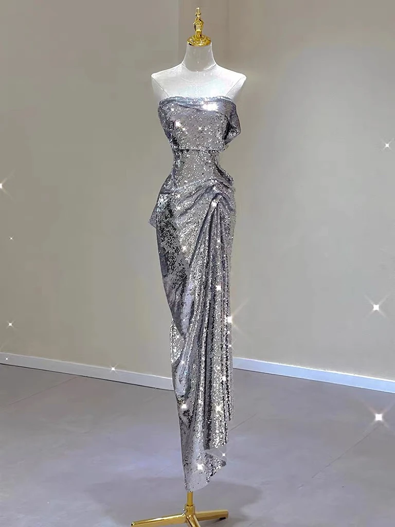 Silver Shiny Cocktail Dresses Strapless Ruched Sleeveless Mermaid Sequins Light Luxury Red Carpet Woman Evening Prom Party Gowns