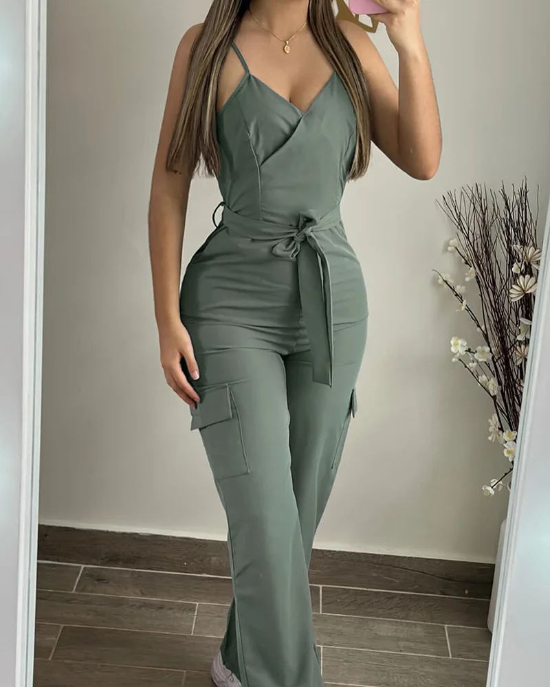 

Women's Casual Clothing V-Neck Work Suit Suspender Jumpsuit Temperament Commuting Summer New Female Fashion Sleeveless Jumpsuits