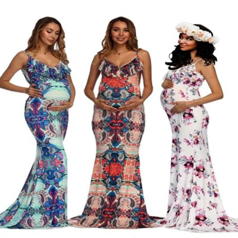 

Maternity Photography Props V-Neck Print Flower Long Dress Pregnant Photo Shoot Pregnancy Portrait Culottes Suits Top and Skirt