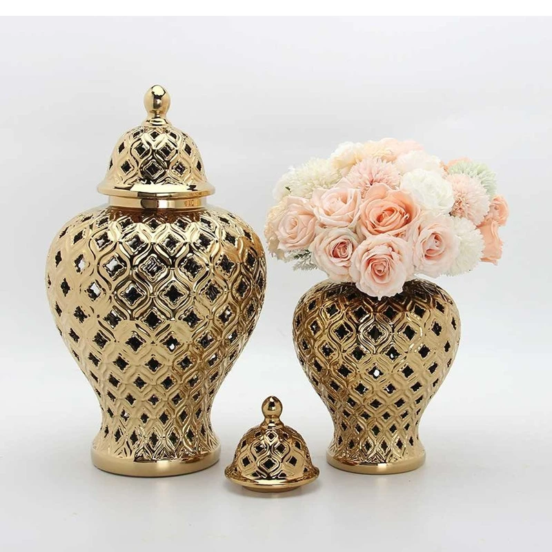 

Golden Hollow General Jar Modern Dried Flower Vase Ceramic Ginger Jar Storage Jar Home Decoration Flower Arrangement Accessories