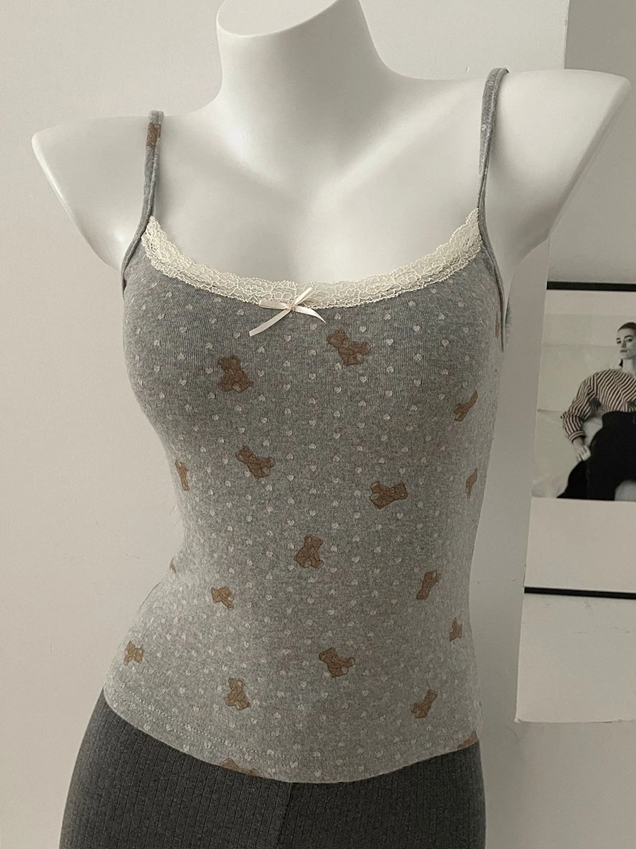 Floral Eyelet Lace-Trim Bow Tank Top - Women's Slim Cotton Camisole