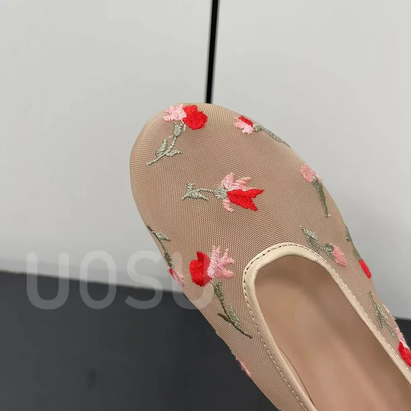 Designer Luxury Women Flats Mesh Cutout Style Ballet Shoes Rose Pattern Sandals Breathable Comfortable Sheepskin Insole Banquet