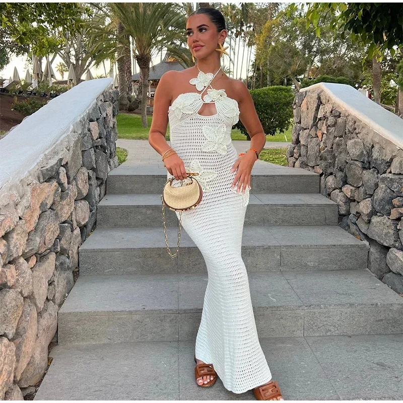 Sexy Knitted 3d Flower Halter Long Dress Women Crochet Hollow Out Sleeveless Blue Maxi Dresses New Lady Beach Vacation Robe