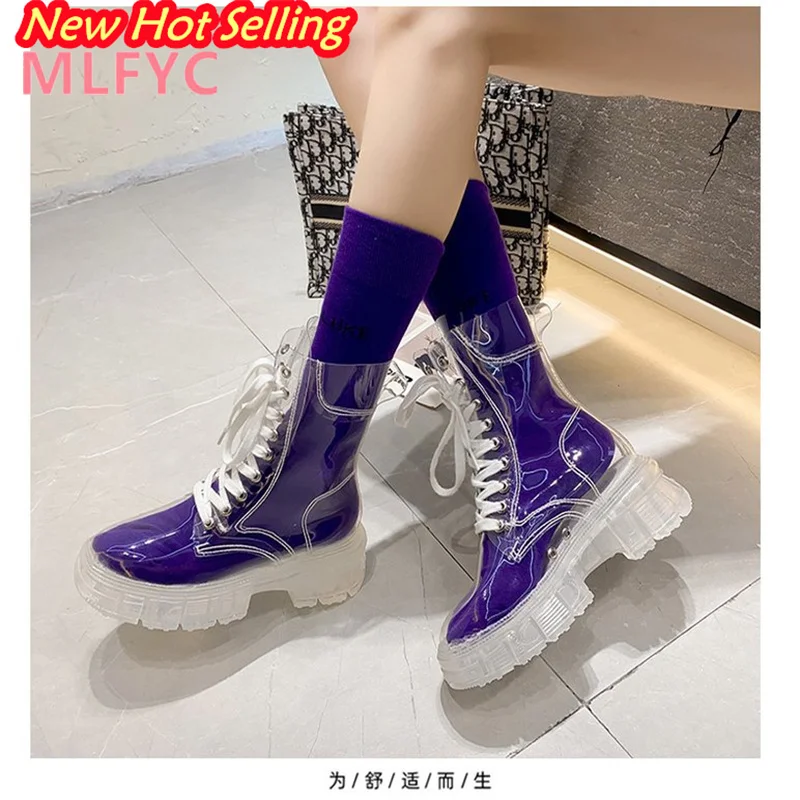 Crystal Sole Fashion Large Fashion Boots Elevated New Lace up Transparent Matsutake Thick Sole Jelly Short Boots Cool Boots