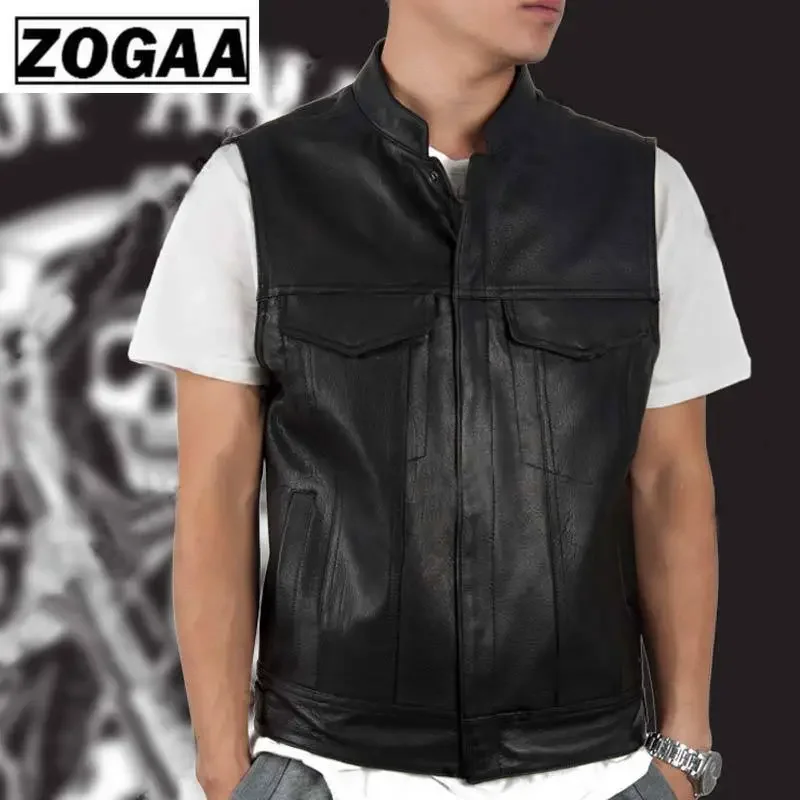ZOGGA 2021 Men Vest Black Biker Motorcycle Hip Hop Waistcoat Male Faux Leather Punk Solid Black Spring Sleeveless Leather Vest