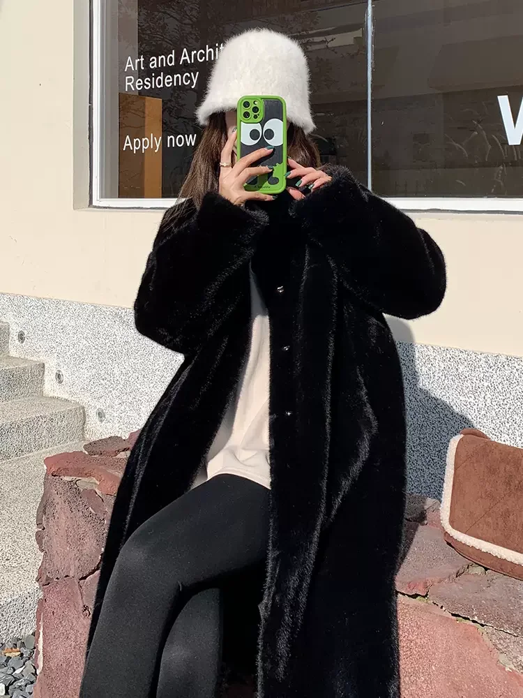 2023 Autumn/Winter Thickened Long Standing Collar Mink Fur Fake Fur Coat for Women Coat faux jacket
