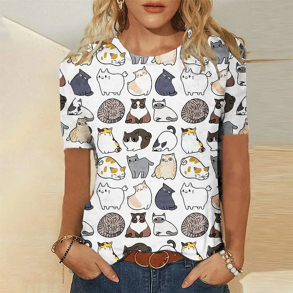 

New Summer Women's O-neck Pullover T-shirts Fashion Kitten Print Short-sleeved Tshirts Girls Street Casual Tops Ladies Clothes
