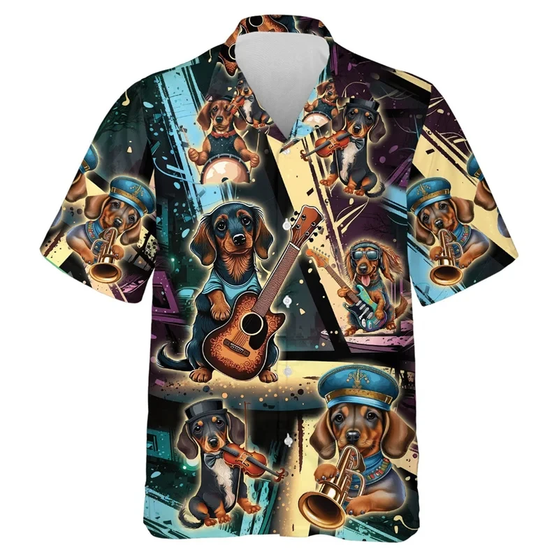 thumbnail image 1 of Camisas de playa con estampado 3D de perros y música, divertidas camisas de manga corta con un solo botón y gráfico de perro mascota para hombres, blusas con solapa, 1 of 5