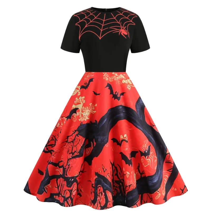 Halloween Disfraz Mujer Goth Women Cosplay Costumes Retro Dresses Robe Swing Pumpkin Skull Print Clothes Carnival Dress Up Party
