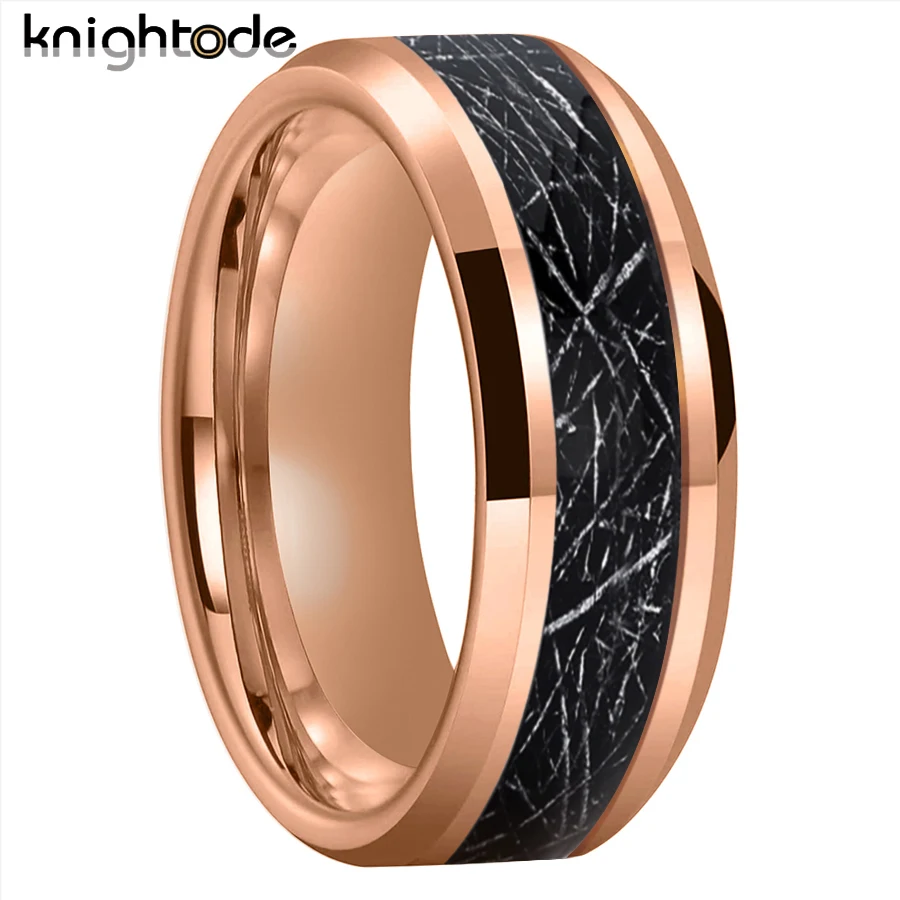 8mm Tungsten Carbide Wedding Band Black Meteorite Inlay Men Women Simple Stlye Flat Rings Beveled Edges Polished Comfort Fit