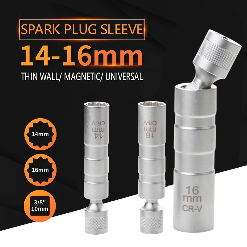 

Car Spark Plug Socket Wrench Adapter 14 16mm Set Universal Joint with Magnetic Flexible Socket Thin Wall Drive Car Repair Tool