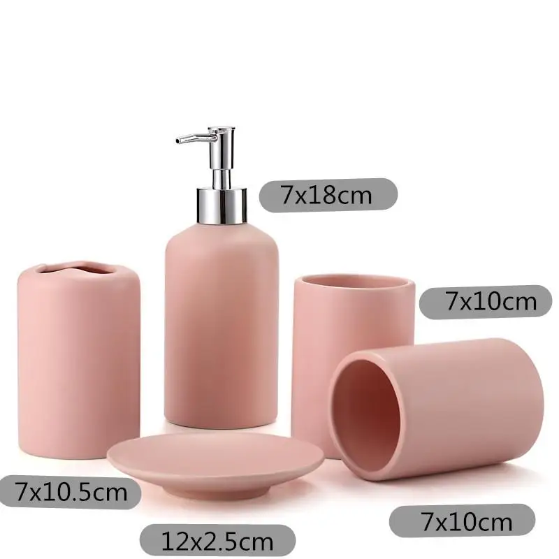 

5pcs ceramic bathroom accessories set pink wash tools baby bottle mouthwash cup soap toothbrush holder household items