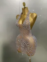 2025 New Sexy Sparkly Rhinestones Halter Backless Mesh Velour Short Dress Women Evening Prom Celebrate Birthday Party Stage Wear - Image 2