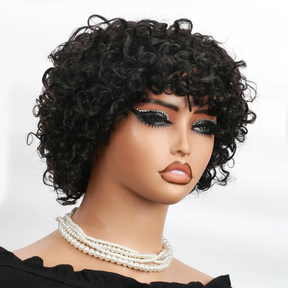 브라질리안 숏밥 픽시컷 가발 아프로 곱슬머리 가발 앞머리 있는 흑인 여성용 자연스러운 풀머신 메이드 인모 가발