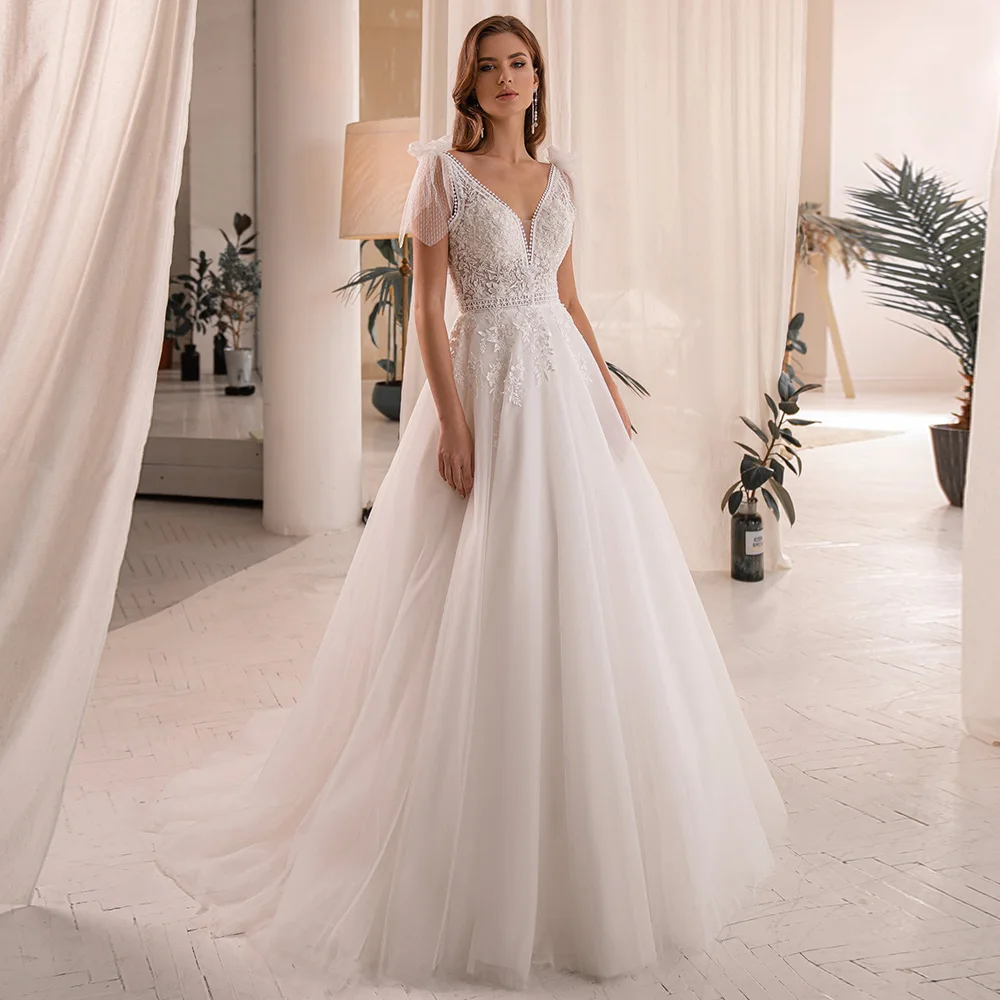 Vestidos De Novia Wedding Dress for Woman Tulle A-line Bride Gown Sleeveless V Neck Applique Sweep Train Backless Bridal Dresses