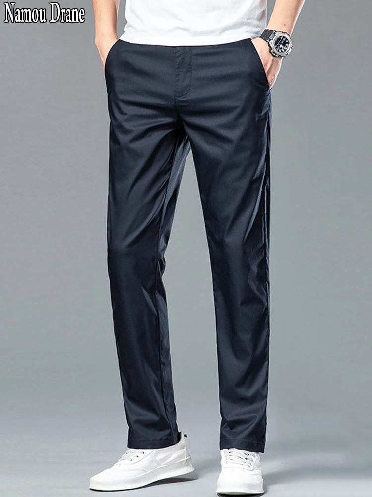 

New Summer Cosy Soft Bamboo Fiber Straight Suit Pants Men Business Stretch Thin Navy Blue Casual Trousers Male Large Size 40-42