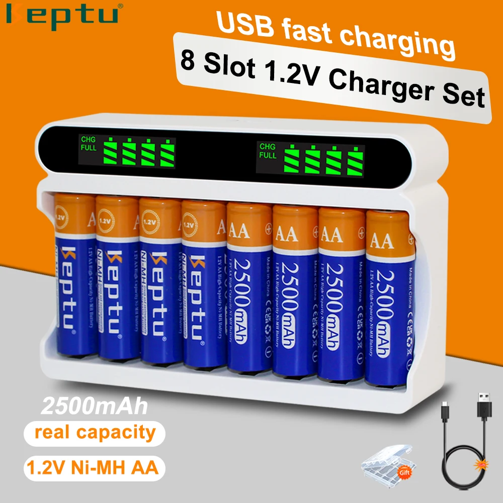 KEPTU 4-16pcs AA 2500mAh 1.2V NI-MH Rechargeable aa Battery and LCD 8-Slot  AA/AAA Battery Charger