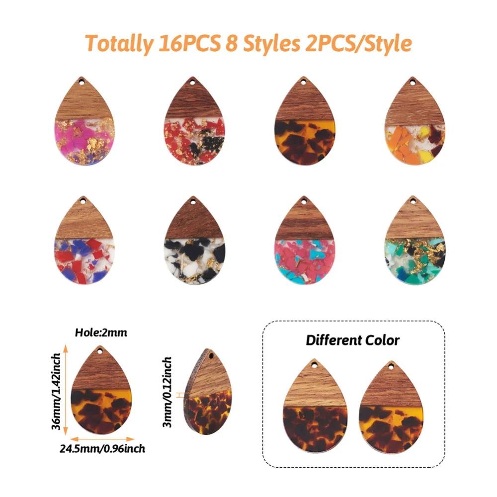 16Pcs Teardrop Resin Wood Charms for Earrings Resin Walnut Wooden Pendants with Foil DIY Jewelry Craft Making Necklace Earrings