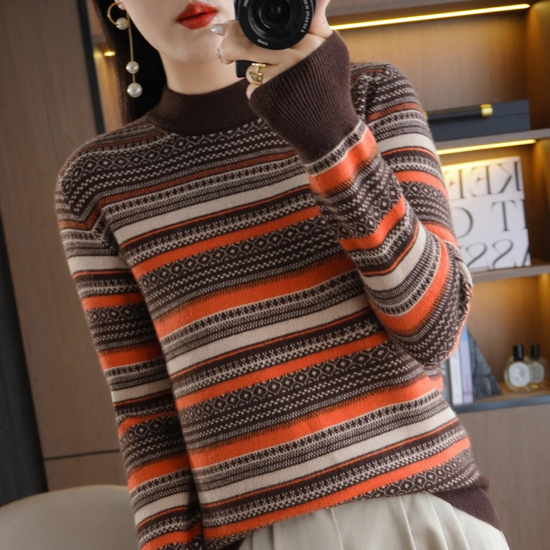 

Autumn and Winter New Women's Sweater Half High Collar with Loose Underlay Sweater Striped Knitted Pullover Soft Sweater